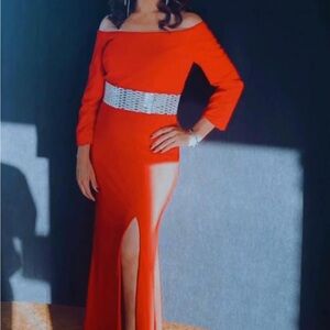 Jovani Red Off-Shoulder Long Sleeve Dress